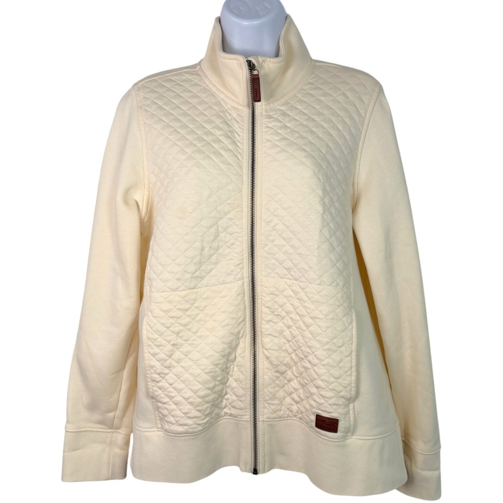 LL Bean Womens Quilted Full Zip Sweatshirt Sz M Petite Cream Outdoors Camp Trail - Picture 2 of 12